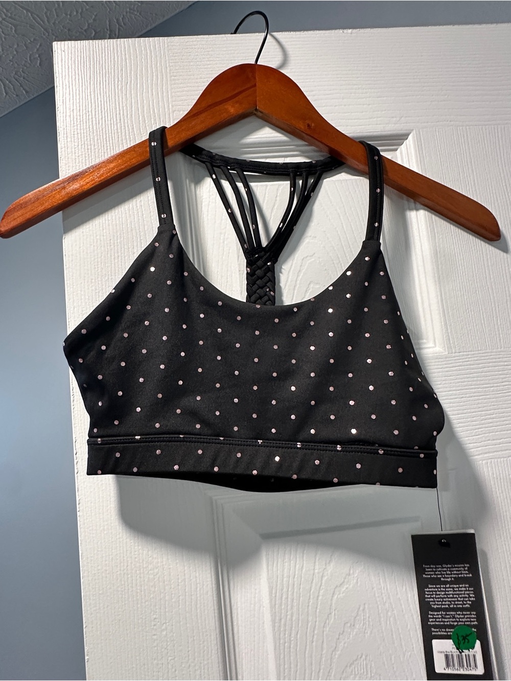 Glyder Black Sports Bra with Light Pink Polka Dots and Braided Strappy Back